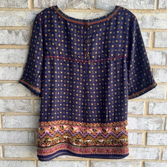 Holding Horses Short Sleeve Button Back Embroidered Boho Blouse Women's Size 14 - Picture 2 of 8